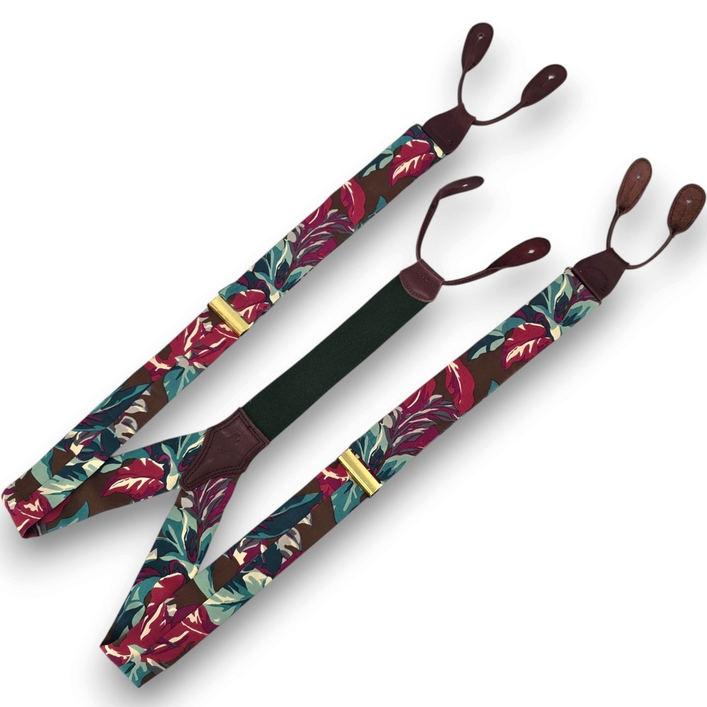 Polo Ralph Lauren Men Suspenders Floral Tropical Silk Leather Brass Made in USA
